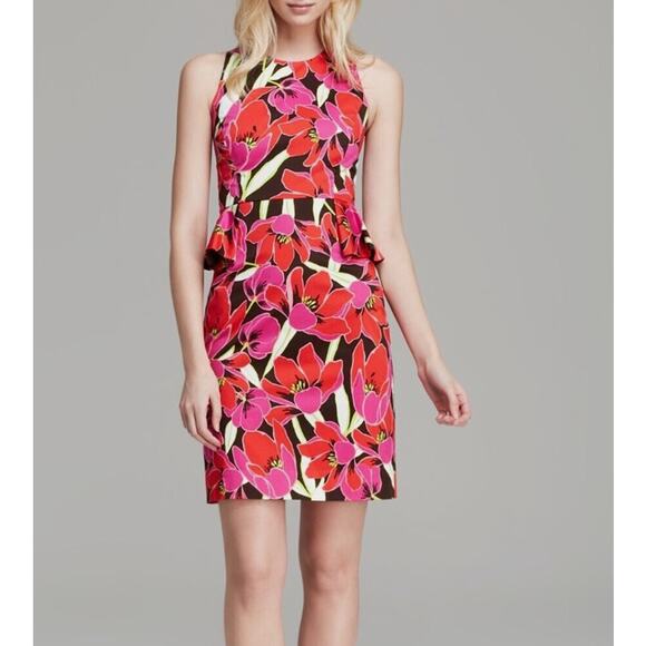 Kate Spade Dress Tropical Red Pink Floral Peplum Sleeveless Sheath Vacation - Picture 1 of 10